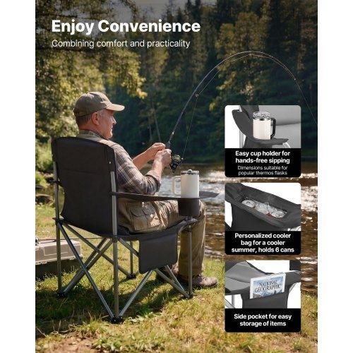 Oversized Camping Chairs, 204 kg Heavy Duty Support, Portable Folding Camp Chairs with Padded Backrest & Armrests, Cup Holder & Side Pocket, Cooler Bag, Carry Bags for Outdoor, Fishing, 2 Pack