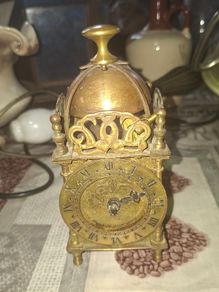 Vintage Brass Lantern Smiths Mantel Clock,  A Bedchamber or Temple Clock, with Key and working