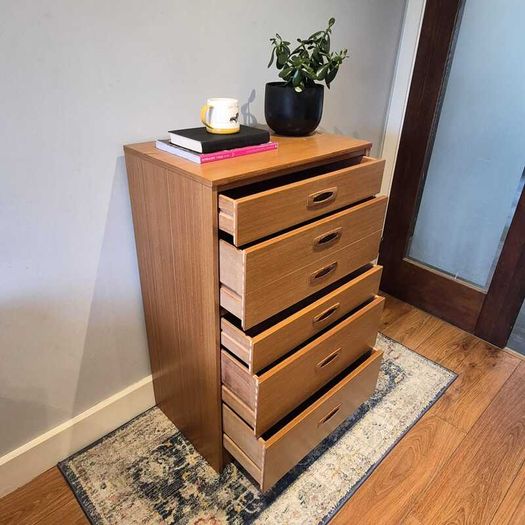 Mid-Century Teak Tallboy Chest of Drawers - Sculpted Handles, Fully Restored