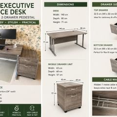 Large Executive Office Desk with Mobile 2-Drawer Pedestal Grey Oak Finish