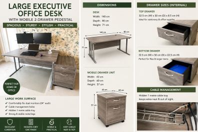 Large Executive Office Desk with Mobile 2-Drawer Pedestal Grey Oak Finish