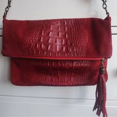 Red Italian Suede Croc-Effect Leather Crossbody Bag Clutch