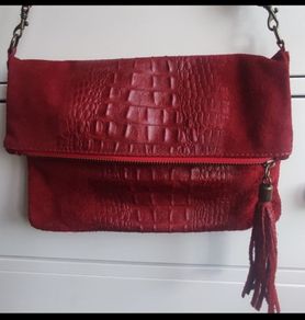 Red Italian Suede Croc-Effect Leather Crossbody Bag Clutch