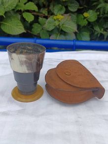 Collapsible Campaign Horn Tot Cup with Original Leather Case.