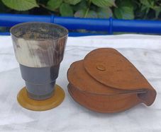 Collapsible Campaign Horn Tot Cup with Original Leather Case.