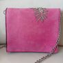 Pink suede diamante embellished bag with chain strap. Image 2