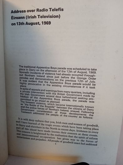 Speeches and Statements. Irish Unity, Northern Ireland, Anglo-Irish Relations. August 1969-October 1971 by the Taoiseach John Lynch (HQ734)
