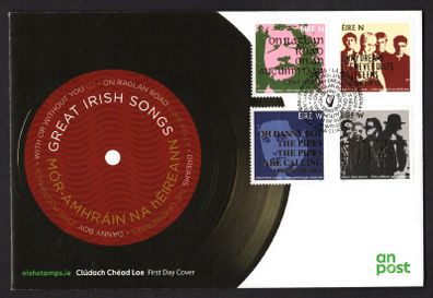 2019 Ireland Great Irish Songs Commemorative Stamps An Post First Day Cover (FDC). Stamps depict The Cranberries Dreams, Luke Kelly ON Raglan Road, US With or Without You & John McCormack Danny Boy