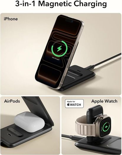 ESR for 3 in 1 Charging Station, 15W MagSafe Charger Stand for iPhone & Apple Watch Charger [Certified], Travel Charging for iPhone 17/16/15/14/13/12 & Watch & AirPods 4/3, Black, No bag