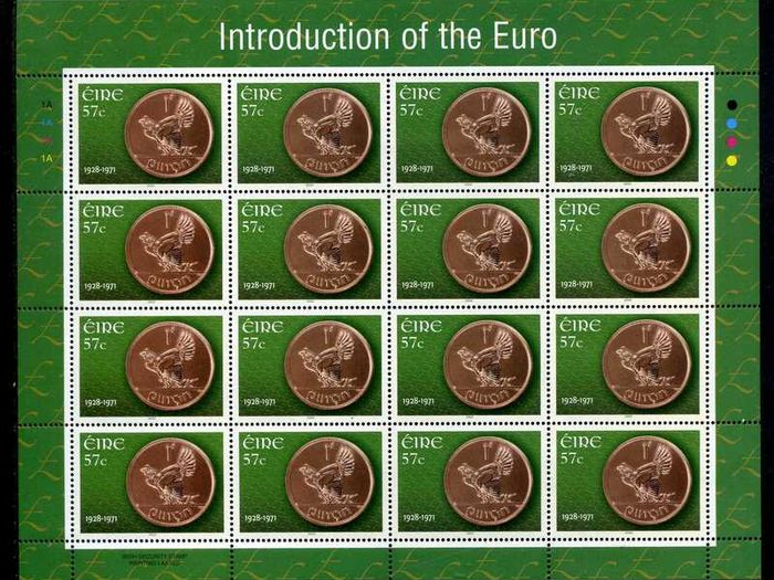 2002 Ireland Introduction of the Euro Currently Commemorative Stamp Sheetlets Plate 1A1A1A1A Mint Never Hinged (MNH)
