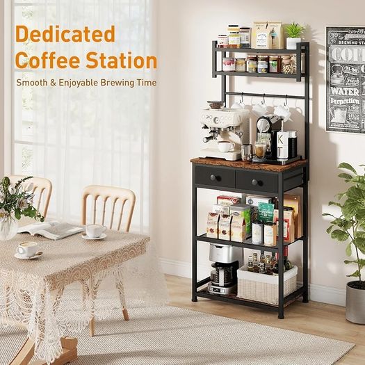 Coffee Bar Station, 6-Tier Coffee Stand with Storage and Drawers, Kitchen Corner Bakers Rack Microwave Stand with Metal Wire Panel & Hooks, Utility Storage Shelf for Small Spaces, Living Room