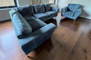 Blue velvet corner sofa with matching chair