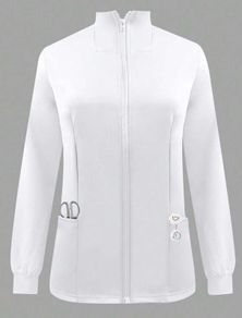 Zipper Front Stand Collar Long Sleeve Uniform Scrub Jacket