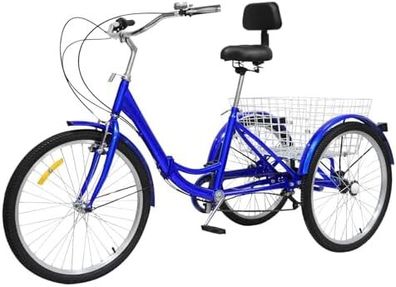 24 Inch Foldable Tricycle for Adults, Bicycle for Seniors, Folding Tricycle with Storage Basket, 7 Gears, Ideal for Shopping, Weights Capacity 120 kg, Blue