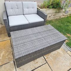 Grey Rattan Garden Sofa & Storage Table Set