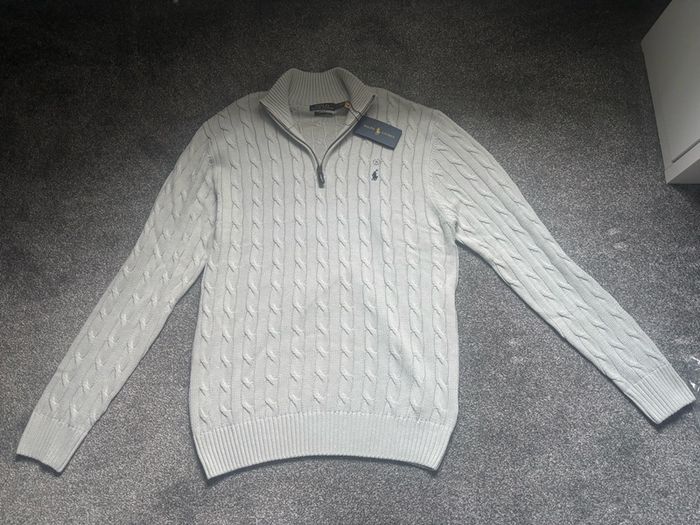 Ralph Lauren Light Grey Cable Knit Quarter Zip, Size XL Men's