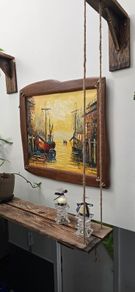 New Original Oil Painting Nautical Harbor Scene with Handmade Ship Rope Frame.