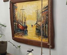 New Original Oil Painting Nautical Harbor Scene with Handmade Ship Rope Frame.