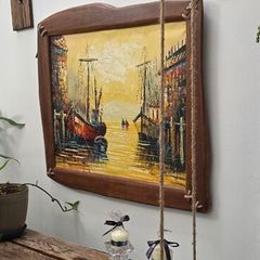 New Original Oil Painting Nautical Harbor Scene with Handmade Ship Rope Frame.