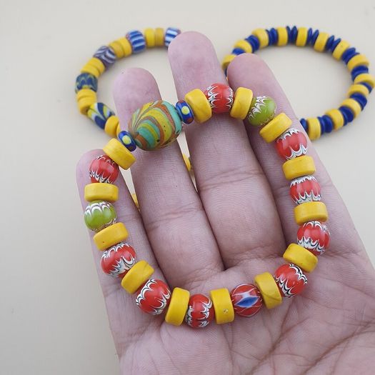 Vintage Lot of 4 Mix Yellow African & Trade Glass Beads Bracelet