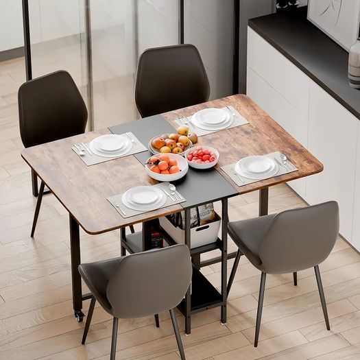 Drop Leaf Table with Storage Shelves Extendable for Small Spaces Kitchen Dining Room, 120 x 80 x 75 cm, Rustic Brown and Black