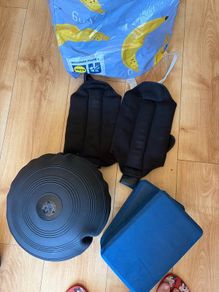 Ankle weights + balance disc + yoga blocks
