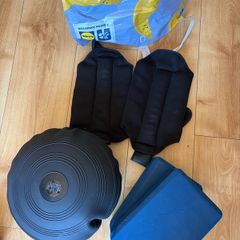Ankle weights + balance disc + yoga blocks