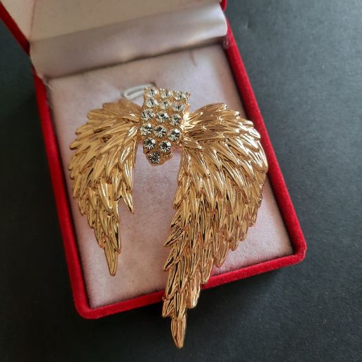 Gold Tone Angel Wing Brooch with Sparkling Crystals Large Guardian Angel Pin Badge Statement Broach