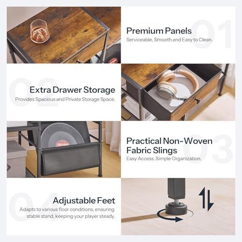 Record Player Stand, End Table with Vinyl Storage, 4 Tier Vinyl Record Storage, Side Table with Open Shelves, Turntable Stand for Living Room, Media Room, Rustic Brown