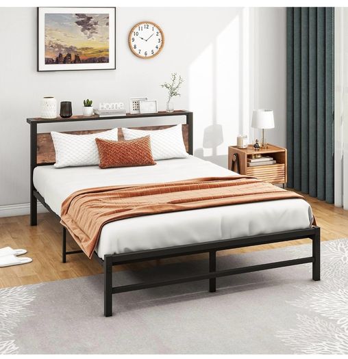 5ft King Metal Platform Bed Frame with Wooden Storage Shelf Headboard, 150x200 cm