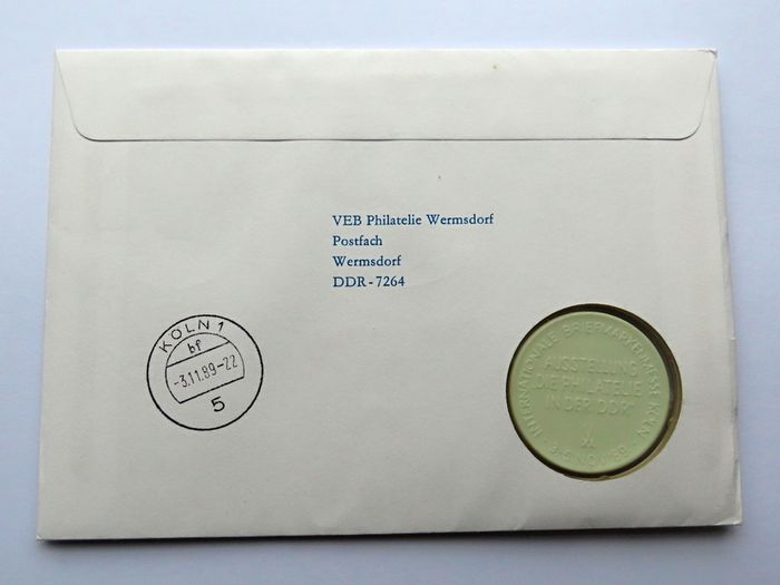 Meissen token Vintage East Germany DDR Philatelic stamp exhibition 1989 Cologne cover