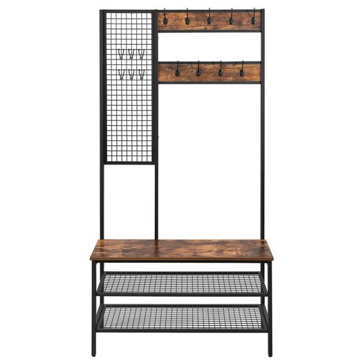 New XXL Metal Hall Tree Coat Rack with Shoe Bench + Grid Wall - FREE P&P