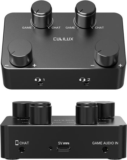 Cubilux AM J5 Game Audio & Chat Mixer For Switch, Xbox, PS5/PS4, PC & Discord | Dual Headphone Output, Game/Voice Balance Control