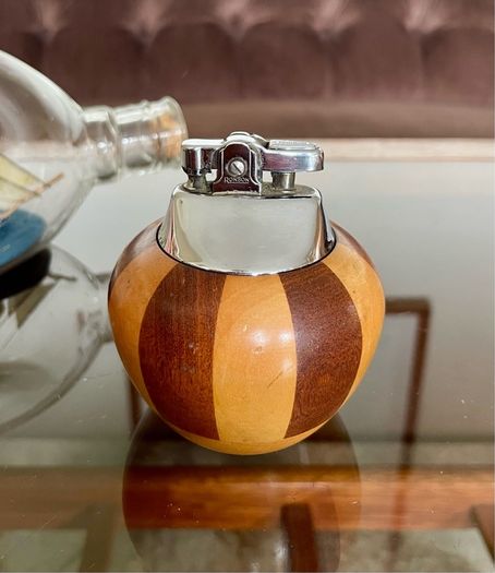 Ronson Carousel Vintage Table Lighter Mid Century Modern Wood Chrome England 1950s to 60s