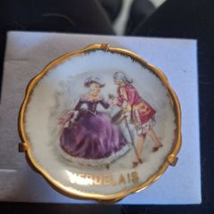 Vintage Limoges France Miniature Plate Jean Feuillade Courting Couple with Stand 5cm