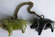 Antique Bog Oak Victorian Pig Charm with Stanhope viewer and Jade Carved Pig Pendant Charm Fob