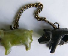 Antique Bog Oak Victorian Pig Charm with Stanhope viewer and Jade Carved Pig Pendant Charm Fob