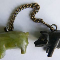 Antique Bog Oak Victorian Pig Charm with Stanhope viewer and Jade Carved Pig Pendant Charm Fob