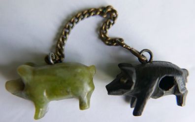 Antique Bog Oak Victorian Pig Charm with Stanhope viewer and Jade Carved Pig Pendant Charm Fob