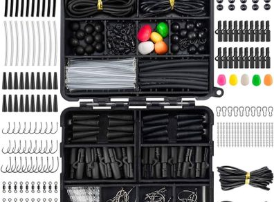 NEW SALE | 278pcs Carp Fishing Tackle Job Lot in Box Clips Hooks Quick Change Swivel Links Shrink Tubes Corn Rubbers Terminal Tackles Green Black