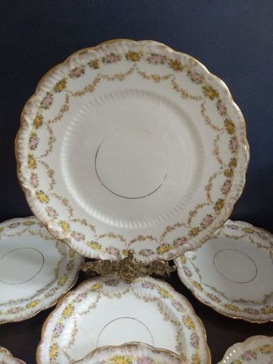 Lovely Set of Six Vintage Shabby Chic Floral Tea Plates and Matching Cake Plate by Rose China AD1820, Manchester,  in Delicate Floral Swags Pattern with Yellow and Pink Roses