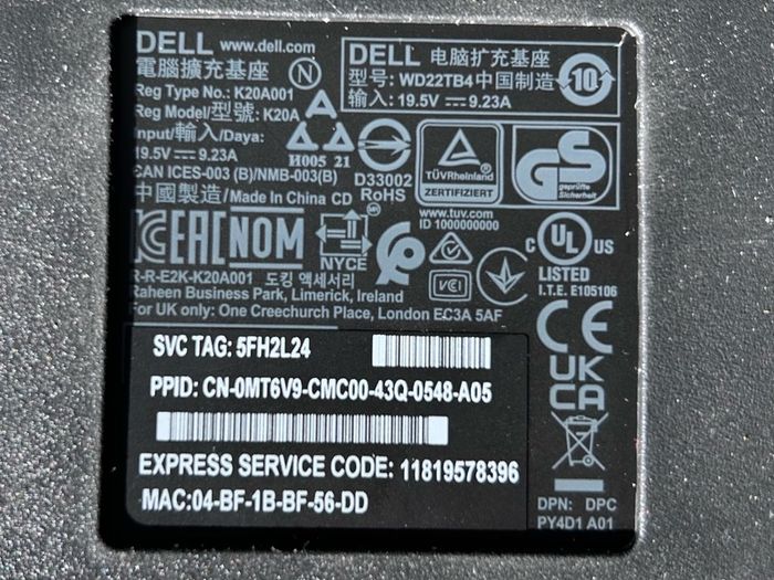 DELL K20A001 docking base + DELL 240W Power Supply