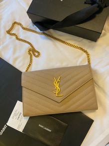 YSL Classic Cassandre Chain Wallet In Grain De Poudre Leather Dark Beige