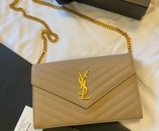 YSL Classic Cassandre Chain Wallet In Grain De Poudre Leather Dark Beige