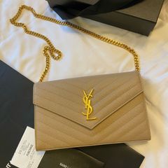 YSL Classic Cassandre Chain Wallet In Grain De Poudre Leather Dark Beige