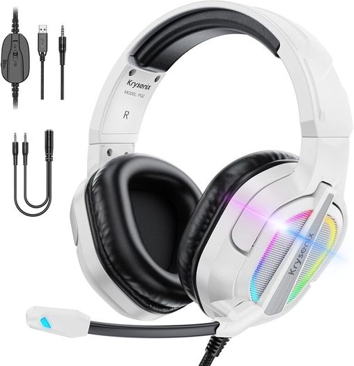 PG2 Gaming Headset for PS4, PS5, PC, Xbox One, Switch,Wired Gaming Headphones with Noise Cancelling Microphone, Ergonomic Design Over Ear Computer Headset with 3.5mm Jack & LED-Bright White