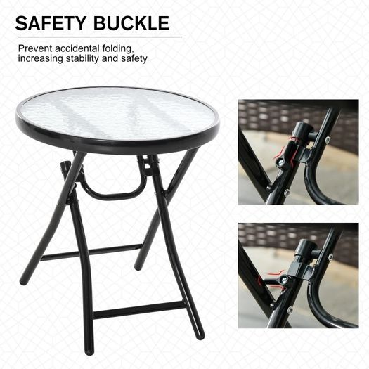 NEW SALE | 45CM Garden Round Table Foldable Dining Table with Safety Buckle Glass Tabletop Metal Covered Edge for Patio Garden Outdoor Indoor Space
