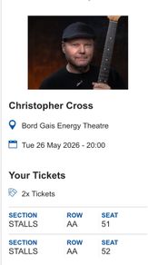 Christopher cross Selling 2 tickets  Tuesday 26th, transfer through ticket Master
