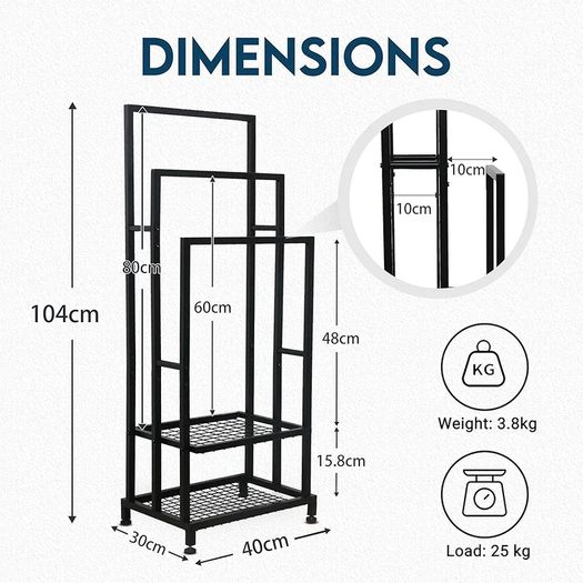Free Standing Towel Rail, Towel Stand with 2 Storage Shelves, 3 Tier Towel Rack Free Standing, Freestanding Towel Rail for Bathroom & Bedroom, Black