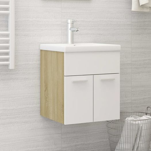 Sink Cabinet with Built-in Basin White and Sonoma Oak Chipboard